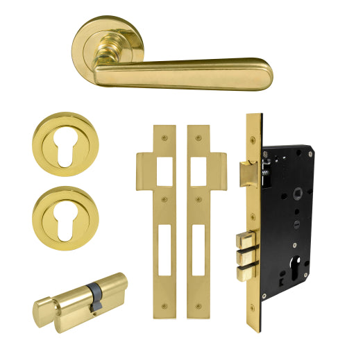Windsor Villa Locksets on Rose - Polished Brass Unlacquered / 52mm Rose and Escutcheons / Pair with Lock in Polished Brass Unlacquered