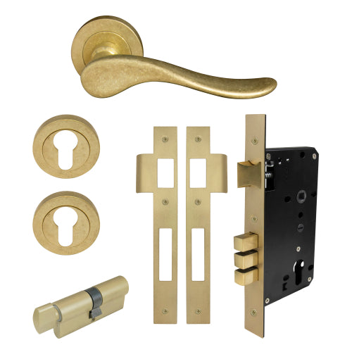 Haven Round Rose Entrance Set - E85 in Rumbled Brass