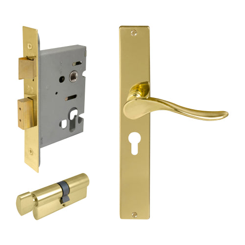 Haven Square Backplate Entrance Set - E48 in Polished Brass Unlacquered