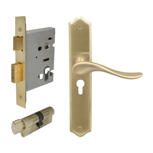 Haven Traditional Backplate Entrance Set - E48 in Satin Brass Unlaquered