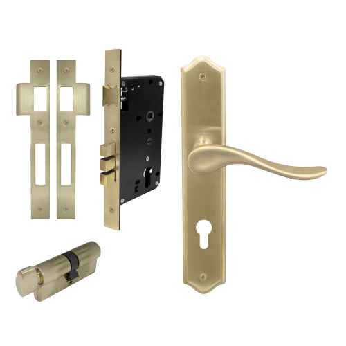Haven Traditional Backplate Entrance Set - E85 in Satin Brass Unlaquered