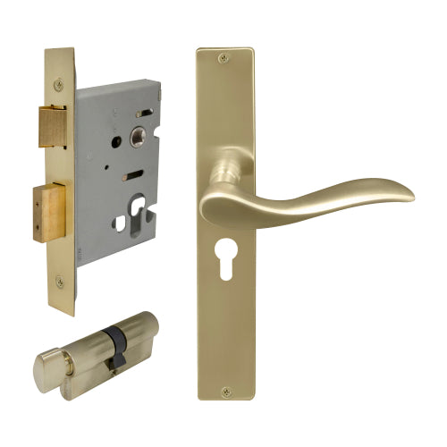 Hermitage Square Backplate Entrance Set - E48 in Satin Brass Unlaquered