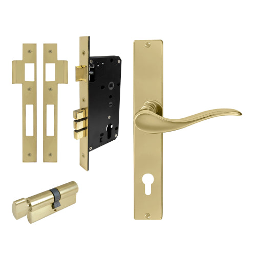 Hermitage Square Backplate Entrance Set - E85 in Polished Brass