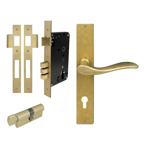 Hermitage Square Backplate Entrance Set - E85 in Rumbled Brass