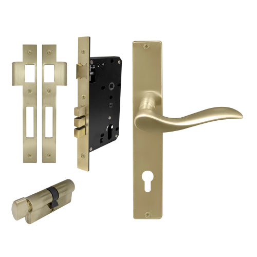 Hermitage Square Backplate Entrance Set - E85 in Satin Brass Unlaquered