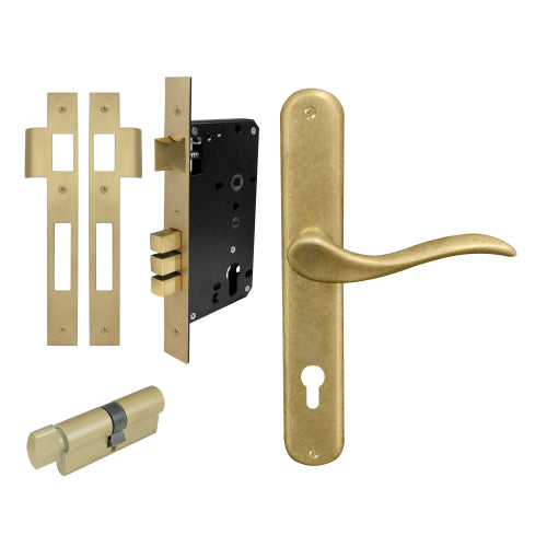 Hermitage Oval Backplate Entrance Set - E85 in Rumbled Brass
