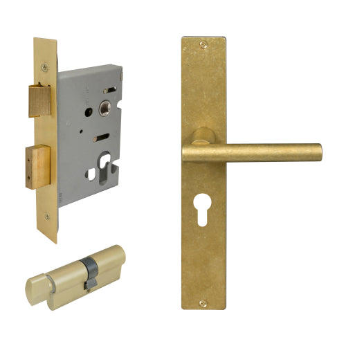 Charleston Square Backplate Entrance Set - E48 in Rumbled Brass