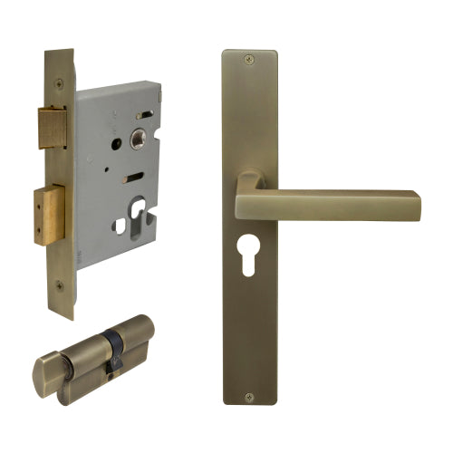 Federal Square Backplate Entrance Set - E48 in Roman Brass