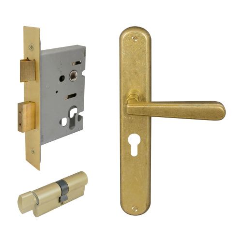Villa Oval Backplate Entrance Set - E48 in Rumbled Brass