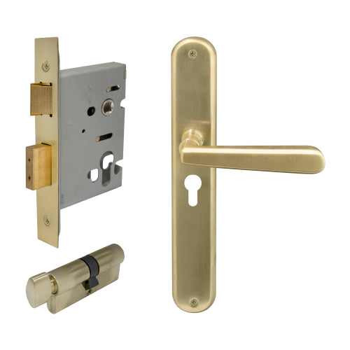 Villa Oval Backplate Entrance Set - E48 in Satin Brass Unlaquered