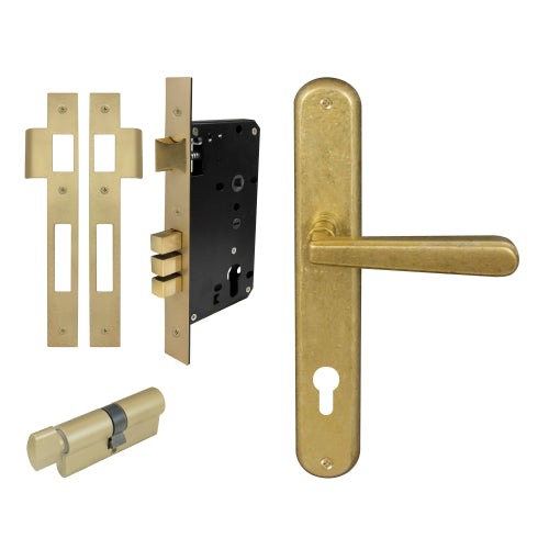 Villa Oval Backplate Entrance Set - E85 in Rumbled Brass