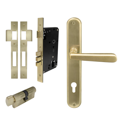 Villa Oval Backplate Entrance Set - E85 in Satin Brass Unlaquered