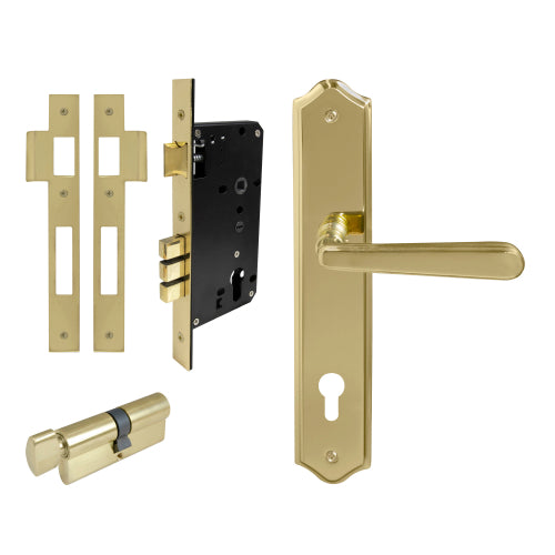 Villa Traditional Backplate Entrance Set - E85 in Polished Brass