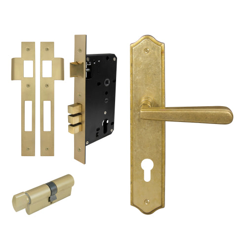 Villa Traditional Backplate Entrance Set - E85 in Rumbled Brass