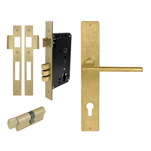 Chalet Square Backplate Entrance Set - E85 in Rumbled Brass