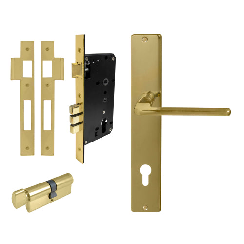 Chalet Square Backplate Entrance Set - E85 in Polished Brass Unlacquered