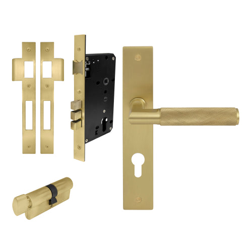 NIDO - Lumina Square Backplate Entrance Set-Knurled in Matt Satin Brass