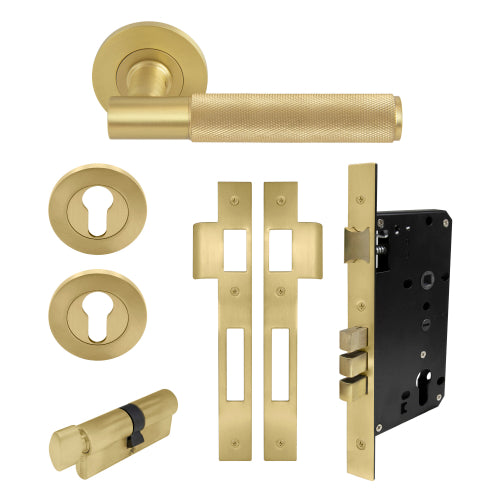 NIDO - Verge Round Rose Entrance Set-Knurled in Matt Satin Brass