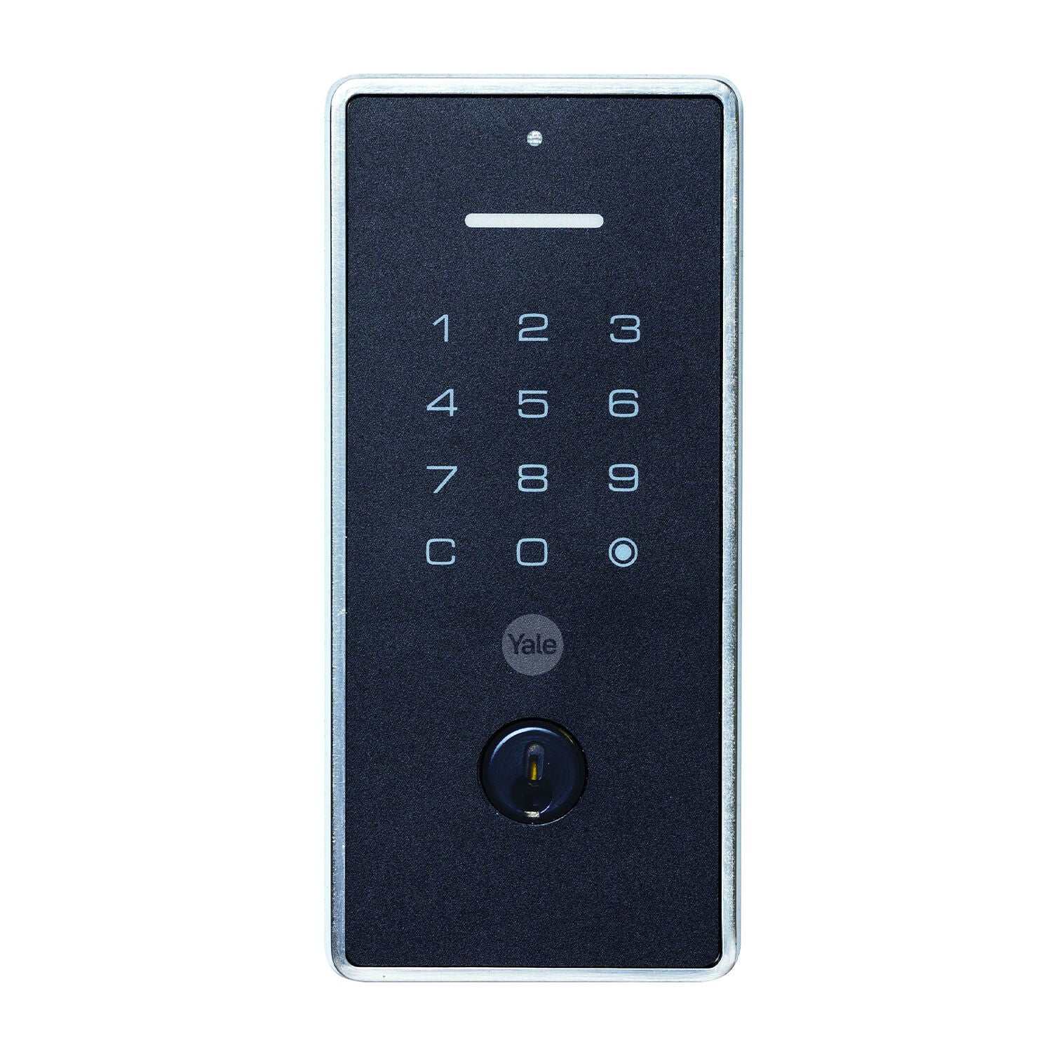 Yale Libi digital deadbolt lock with keypad and key backup, installed on a modern door for secure home entry.