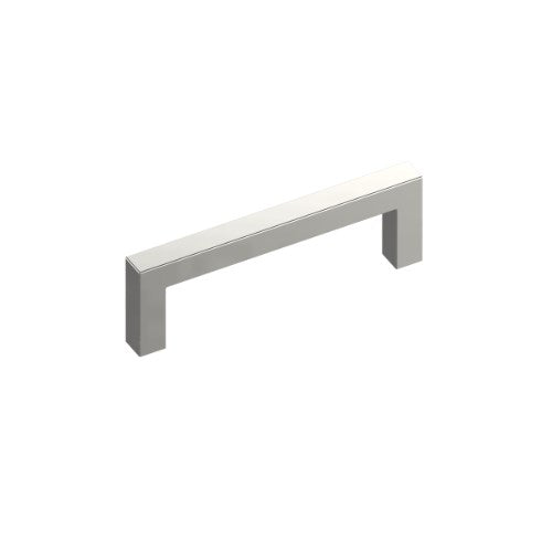 Style Finish Doorware SFD P100 cabinet pull handle, 10mm x 10mm, in polished stainless steel, mounted on a cabinet door.