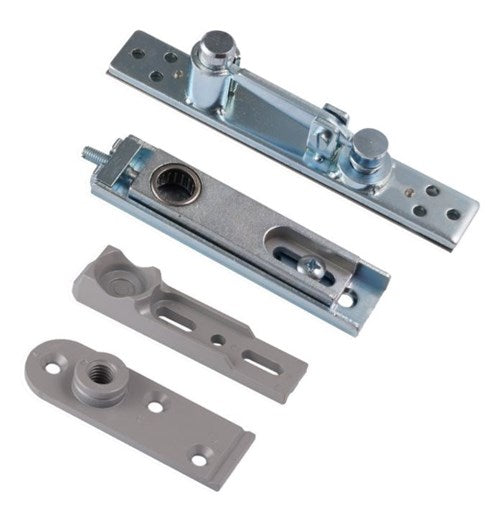 Briton Door Pivot Set - Max Door Weight 250kg. Min Door Thickness 40mm. Includes Bottom Pivot, Bottom Door Strap and Top Centre (For Timber or Metal Doors) in Silver