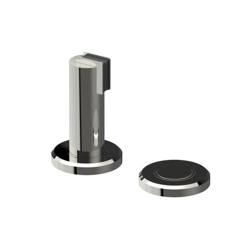 Stylish 530 Magnetic Door Stop and Holder by Style Finish Doorware mounted on a door with a chrome finish.
