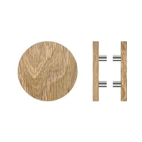Pair T01 Timber Entrance Pull Handle, American Oak, Back to Back Fixing, Ø300mm x Projection 68mm, Coated in Raw Timber (ready to stain or paint) in White Oak / Polished Nickel