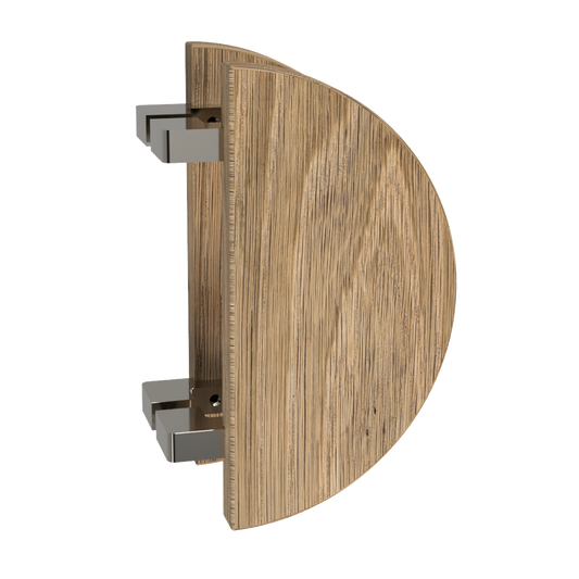 Pair T02 Offset Timber Entrance Pull Handle, American White Oak, Back to Back Pair, Ø300mm, Coated in Raw Timber (ready to stain or paint) in White Oak / Polished Nickel