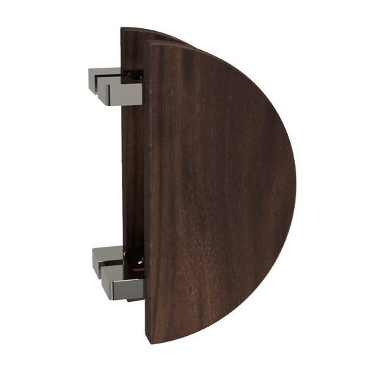 Pair T02 Offset Timber Entrance Pull Handle, American Walnut, Back to Back Pair, Ø300mm, Coated in Raw Timber (ready to stain or paint) in Walnut / Polished Nickel
