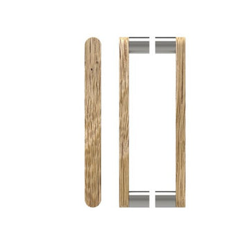Pair T05 Timber Entrance Pull Handle, American White Oak, Back to Back Pair, CTC800mm, H832mm x W32mm x D19mm x Projection 57mm, Coated in Raw Timber (ready to stain or paint) in White Oak / Satin Nickel