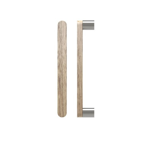 Single T05 Timber Entrance Pull Handle, Victorian Ash, CTC800mm, H832mm x W32mm x D19mm x Projection 57mm, Coated in Raw Timber (ready to stain or paint) in Victorian Ash / Satin Nickel