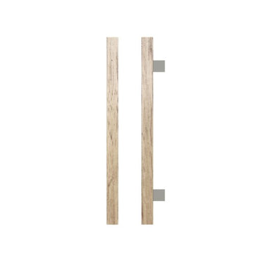 Single T06-25 Timber Entrance Pull Handle, Victorian Ash, CTC600mm, H800mm x 25mm x 25mm x Projection 70mm, Coated in Raw Timber (ready to stain or paint) in Victorian Ash / Polished Nickel
