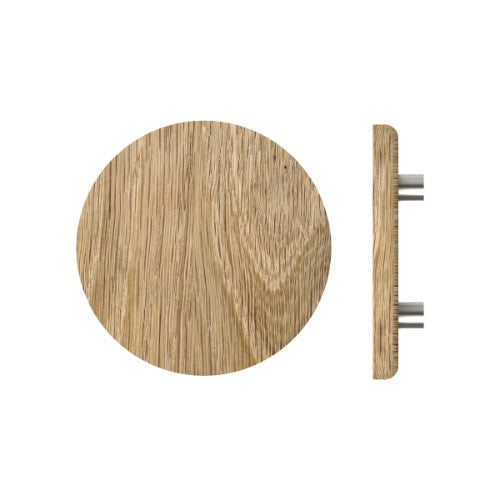 Single T11 Timber Entrance Pull Handle, American Oak, Ø300mm x Projection 68mm, Coated in Raw Timber (ready to stain or paint) in White Oak / Satin Nickel