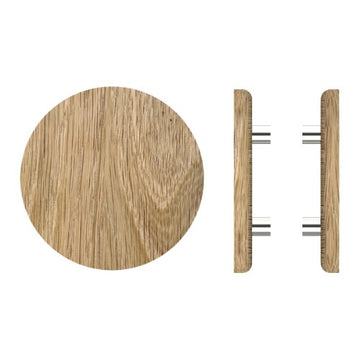 Pair T11 Timber Entrance Pull Handle, American Oak, Back to Back Fixing, Ø300mm x Projection 68mm, Coated in Raw Timber (ready to stain or paint) in White Oak / Polished Nickel