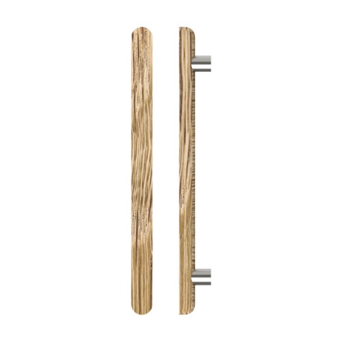 Single T12 Timber Entrance Pull Handle, American White Oak, CTC800mm, H1000mm x Ø40mm x Projection 85mm, Coated in Raw Timber (ready to stain or paint) in White Oak / Satin Nickel