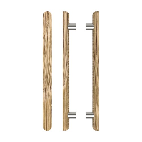 Pair T12 Timber Entrance Pull Handle, American White Oak, Back to Back Pair, CTC800mm, H1000mm x Ø40mm x Projection 85mm, Coated in Raw Timber (ready to stain or paint) in White Oak / Satin Nickel