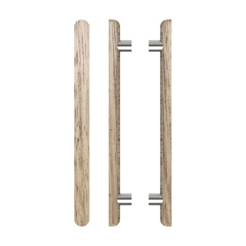 Pair T12 Timber Entrance Pull Handle, Victorian Ash, Back to Back Pair, CTC600mm, H800mm x 40mm x 40mm x Projection 75mm, Coated in Raw Timber (ready to stain or paint) in Victorian Ash / Satin Nickel