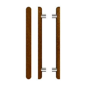 Pair T12 Timber Entrance Pull Handle, American Walnut, Back to Back Pair, CTC800mm, H1000mm x Ø40mm x Projection 85mm, Coated in Raw Timber (ready to stain or paint) in Walnut / Satin Nickel