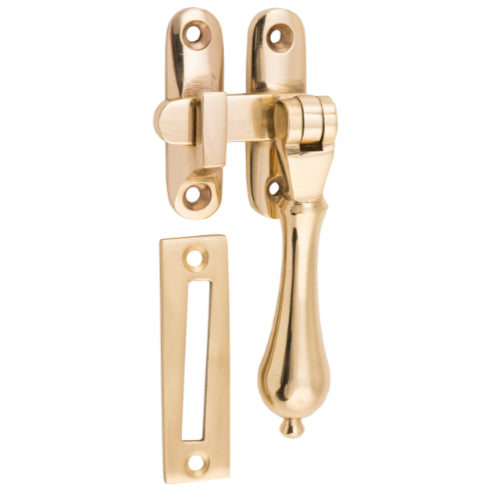 Casement Fastener Teardrop Long Throw Unlacquered Polished Brass W50xP30mm Drop 95mm in Unlacquered Polished Brass