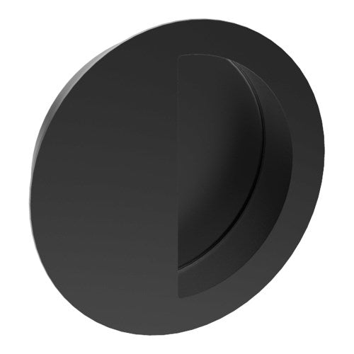 Round, Sliding Door, Flush Pull Handle (Single). Moon shaped Finger Hole. Solid Stainless Steel. 90mm Ø Invisible Fix (no screw holes) in Black Powder Coat
