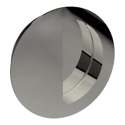 Round, Sliding Door, Flush Pull Handle (Single). Moon shaped Finger Hole. Solid Stainless Steel. 90mm Ø Invisible Fix (no screw holes) in Polished Stainless