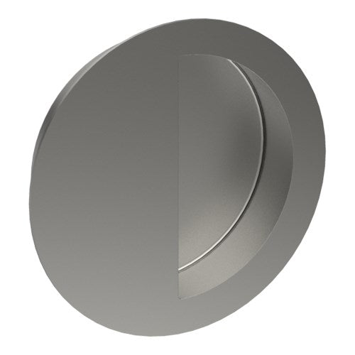 Round, Sliding Door, Flush Pull Handle (Single). Moon shaped Finger Hole. Solid Stainless Steel. 90mm Ø Invisible Fix (no screw holes) in Satin Stainless