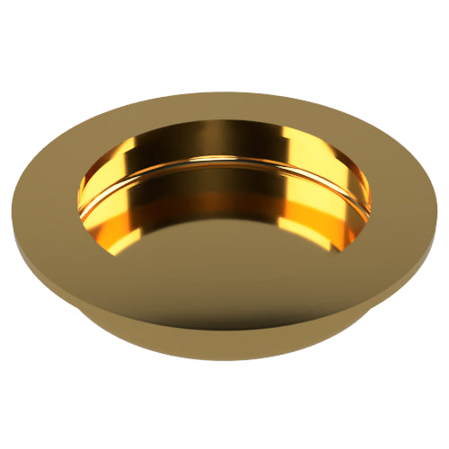 Round, Sliding Door, Flush Pull Handle (Single). Solid Stainless Steel. 65mm dia (face) 54mm dia (rear). Invisible Fix (no screw holes) in Satin Brass PVD