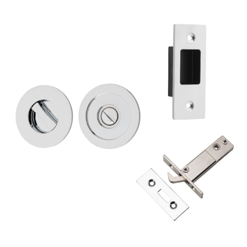 Sliding Door Pull Round Privacy Polished Chrome D60xP2.5mm with Tube Latch Mechanism 60mm Backset, Sliding Door Edge Pull & Tube Latch Keeper Adjustable in Polished Chrome