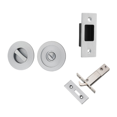 Sliding Door Pull Round Privacy Brushed Chrome D60xP2.5mm with Tube Latch Mechanism 60mm Backset, Sliding Door Edge Pull & Tube Latch Keeper Adjustable in Brushed Chrome