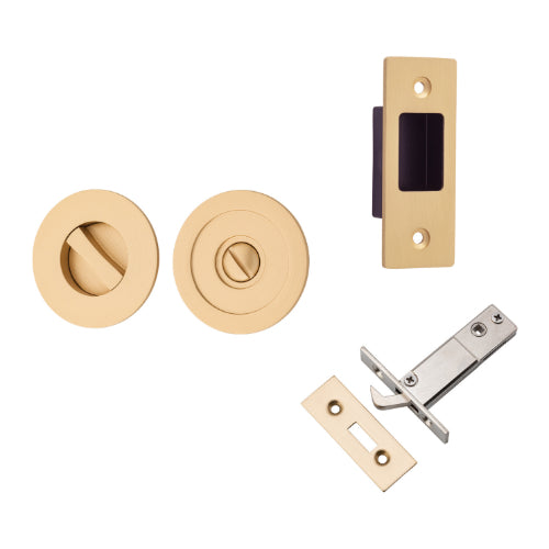 Sliding Door Pull Round Privacy Brushed Brass D60xP2.5mm with Tube Latch Mechanism 60mm Backset, Sliding Door Edge Pull & Tube Latch Keeper Adjustable in Brushed Brass