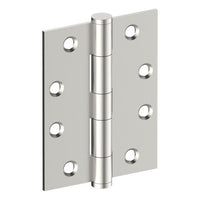Stainless steel hinge 100mm x 75mm x 2.5mm with button tip and fixed pin, shown with timber and metal thread screws.