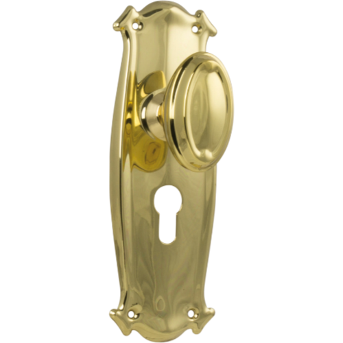 Door Knob Bungalow Euro Pair Polished Brass H197xW68xP60mm in Polished Brass