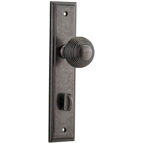 Door Knob Guildford Stepped Privacy Distressed Nickel CTC85mm H237xW50xP60mm in Distressed Nickel