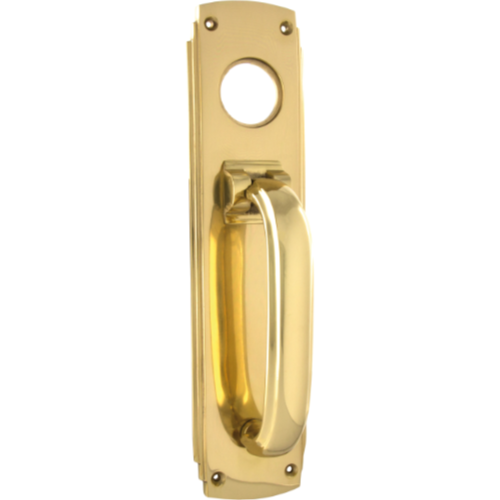 Pull Handle Knocker Art Deco Cylinder Hole Polished Brass H240xW60mm in Polished Brass